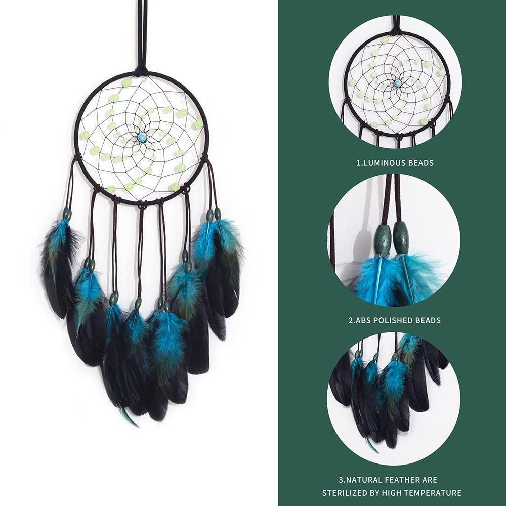 Dream Catchers with Luminous Beads, Handmade Blue Dreamcatcher, Bedroom Decor for Boys Girls Kids Ornament Art Craft Gift