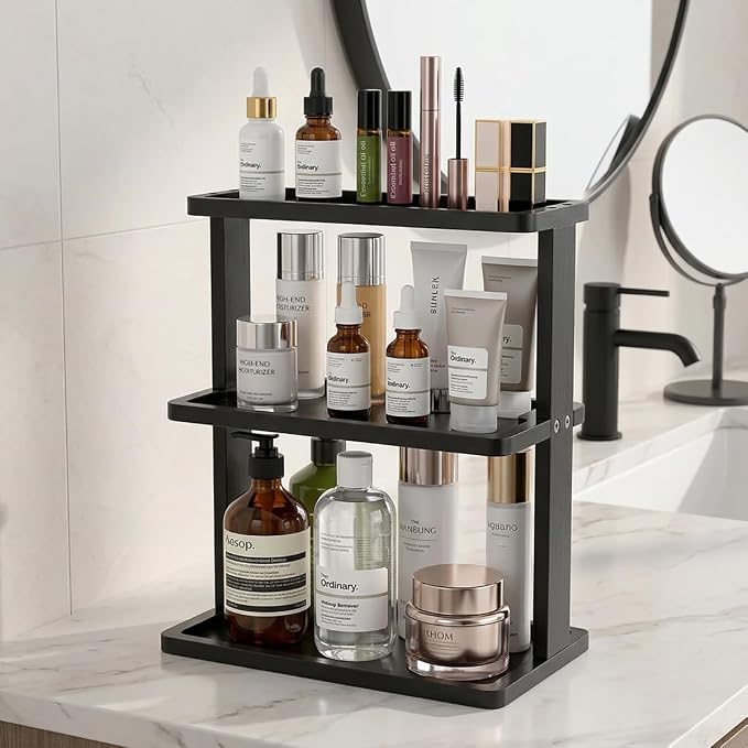 PEKER Bamboo Bathroom Organizer Countertop โ Vanity Storage Shelf for Makeup, Perfume, Skincare โ Natural Cosmetics Display Rack for Dresser, Sink, Kitchen โ Black
