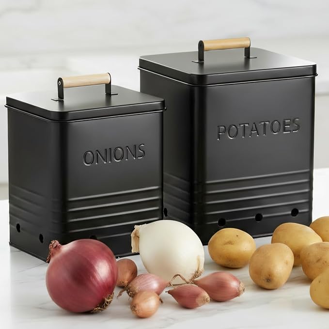 ZICOTO Beautiful Potato and Onion Storage Container Set, 10.1" & 8.9" - Perfectly Sized Spacious Canisters For Your Kitchen Counter Or Pantry - Food Safe Metal Bins Keep Produce Fresh Longer
