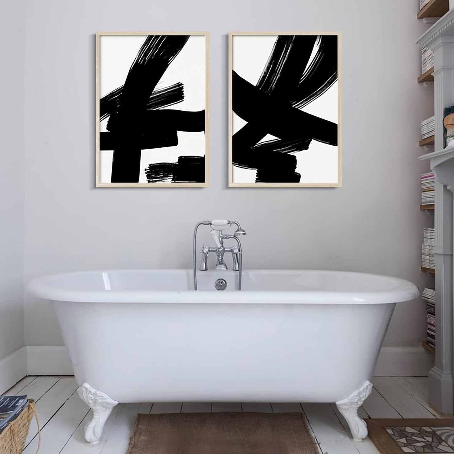 2Pcs Framed Black and White Abstract Thick lines Wall Art Canvas Prints Modern Minimalist Gallery Picture Posters Brush Stroke Wall Decor Living Room Bedroom Office 12x16 Inch Ready to Hang