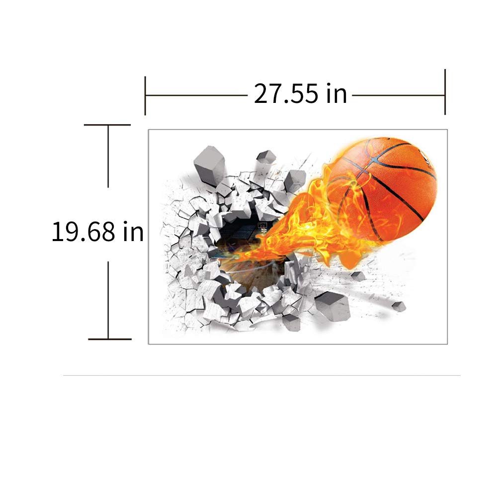 Supzone 3D Basketball Wall Sticker - Self-Adhesive Breakthrough Fireball Decor, Vinyl Removable Flying Basketball Art for Kids Bedroom Playroom Mural