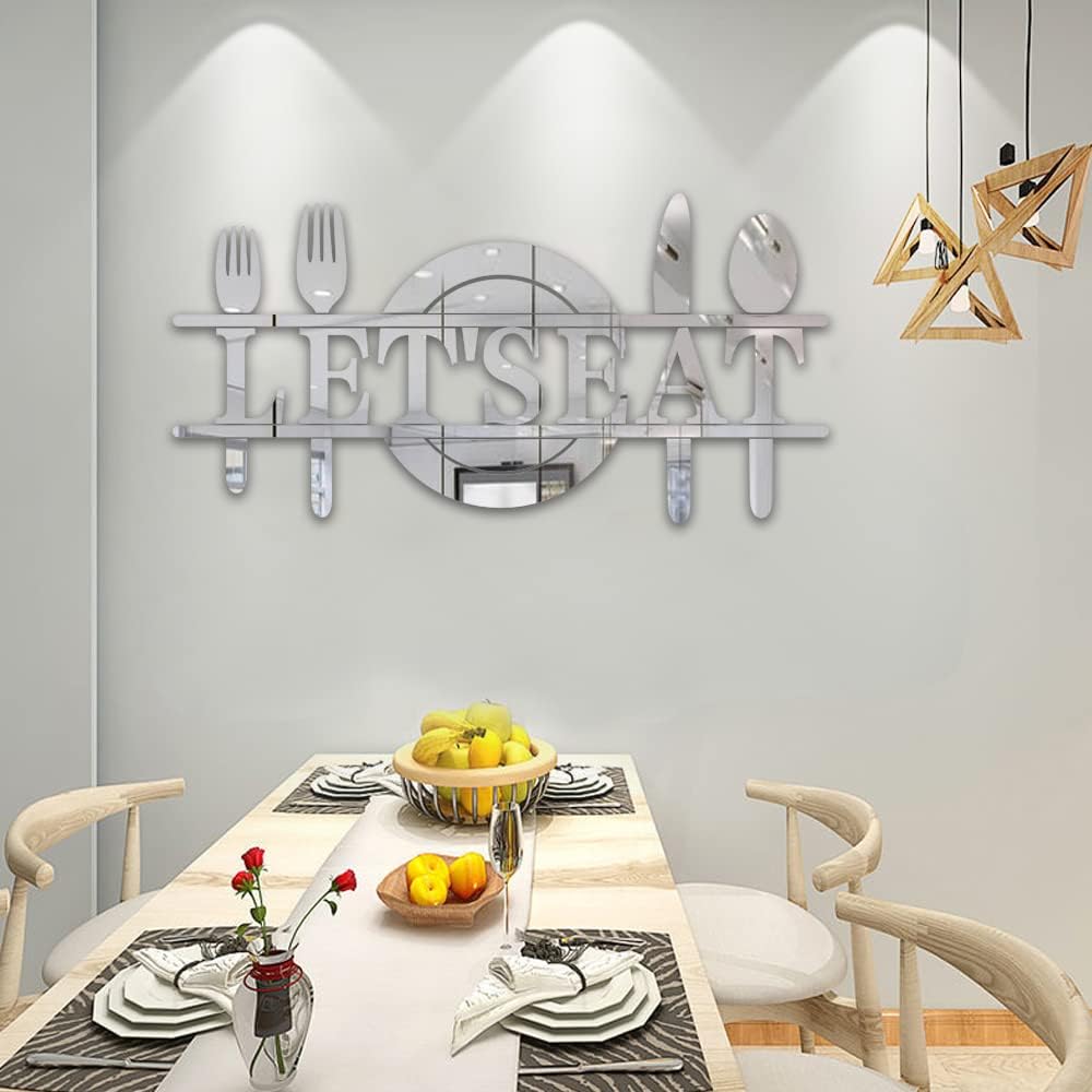 Doeean Let's Eat Wall Decor Letter Signs Acrylic Mirror Wall Decals Decorations Stickers for Kitchen or Dining Room (Silver 26.3 X 13.2)