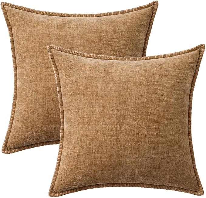 MIULEE Pack of 2 Couch Throw Pillow Covers 18x18 Inch Apricot Brown Farmhouse Decorative Pillow Covers with Stitched Edge Soft Chenille Solid Dyed Spring Pillow Covers for Sofa Bed Living Room