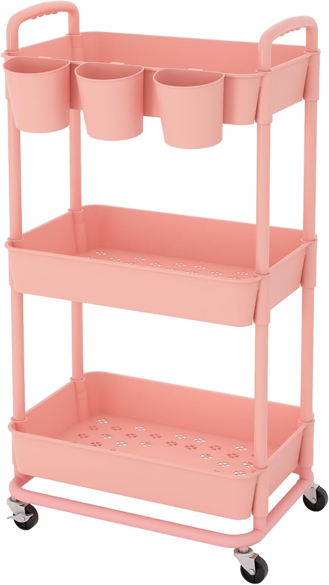 JIUYOTREE 3-Tier Plastic Rolling Storage Cart Utility Cart with Extra Hanging Cups Handles Lockable Wheels for Living Room Bathroom Kitchen Office Pink