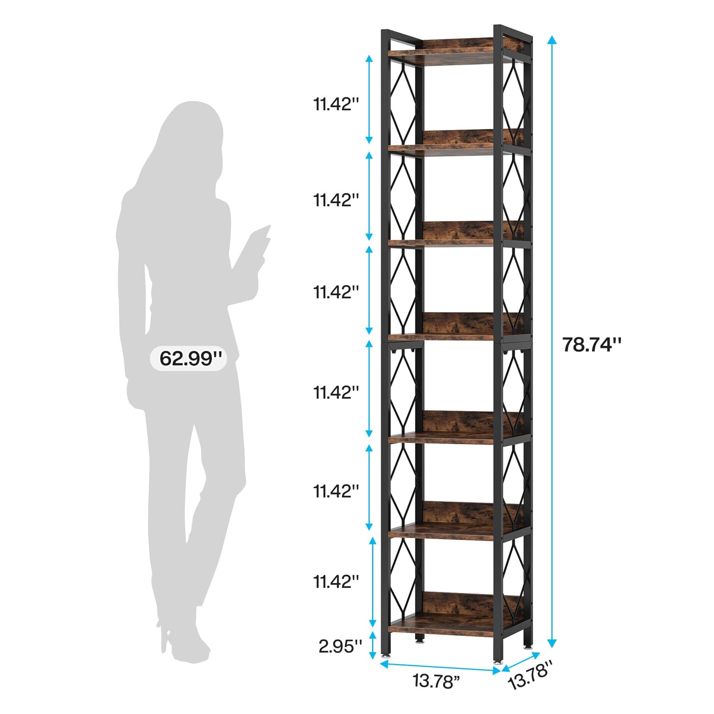 Tribesigns 78.7 Inch Extra Tall Narrow Bookshelf, 7 Tier Skinny Bookcase for Small Spaces, Freestanding Display Shelves, Multifunctional Corner Storage Organizer for Home Office, Rustic Brown