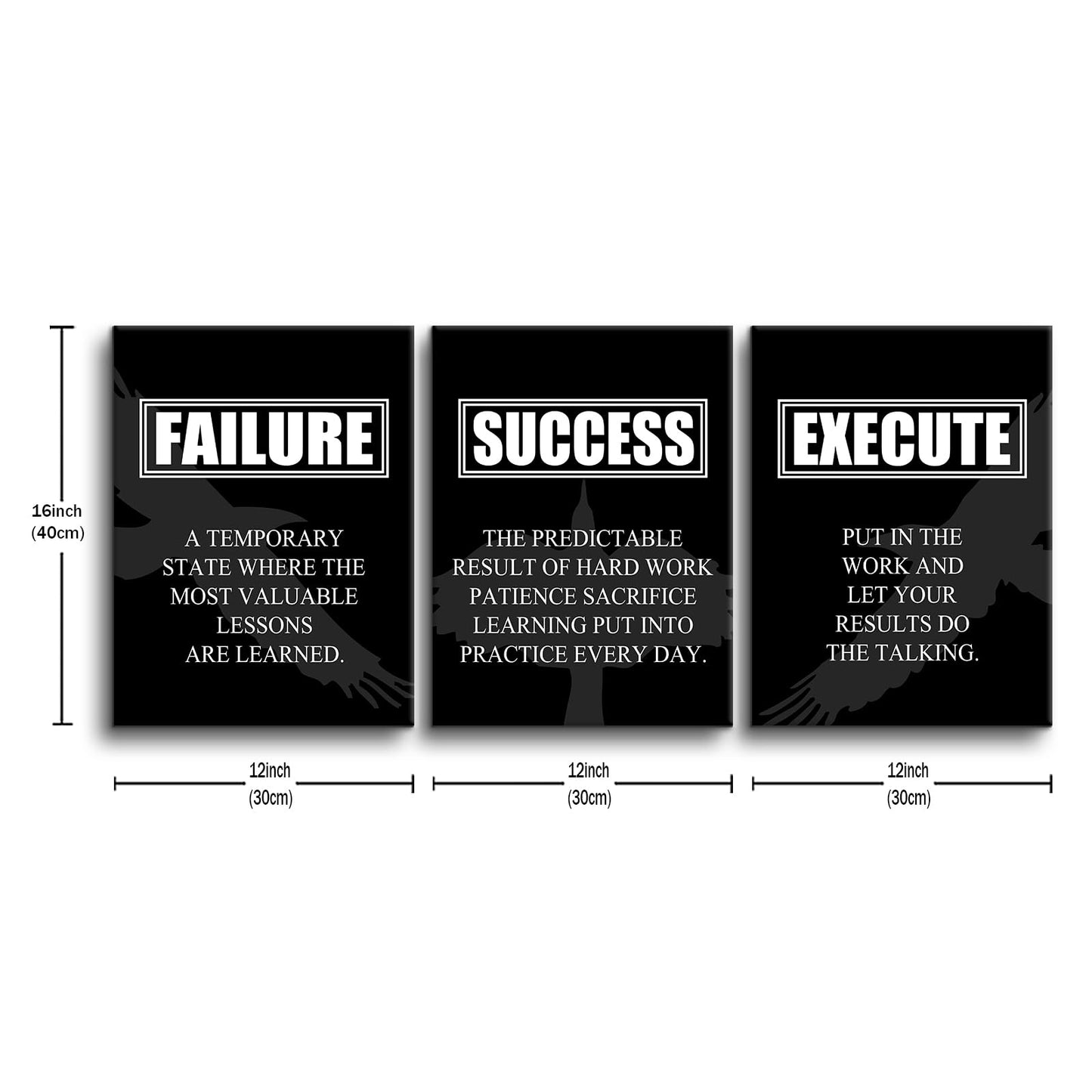 YSPCSUN 3 Piece Motivational Wall Art Canvas Office Decor Failure Success Execute Quotes Posters Eagle Silhouette Inspirational Artworks for Small Home Office Study Room Framed, 36" x 16"