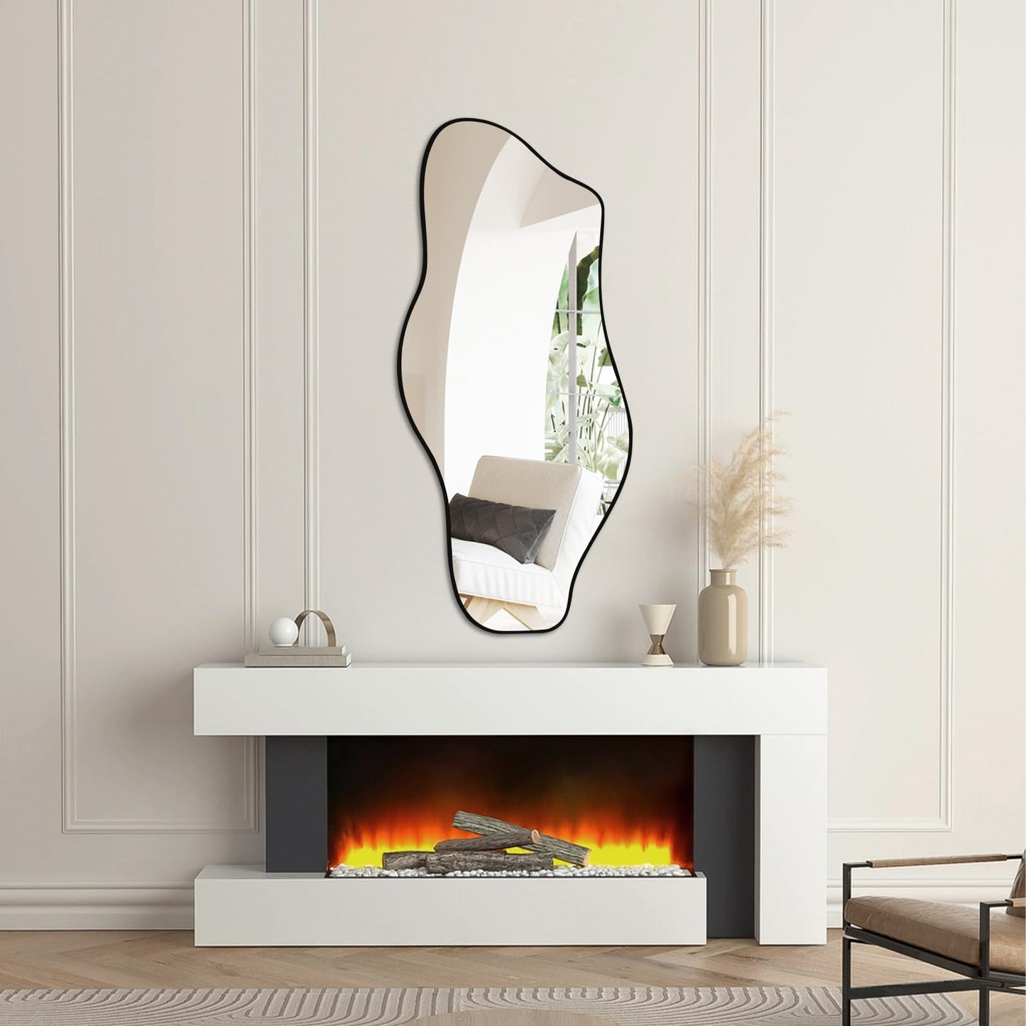 Jesmaikor Large Irregular Wall Mirror, 47.2"x21", Black Asymmetrical Modern Oblong Wavy Cloud Mirror for Living Room, Bathroom, Entryway, Dining Room