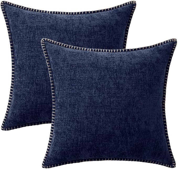 MIULEE Pack of 2 Couch Throw Pillow Covers 18x18 Inch Navy Blue Farmhouse Decorative Pillow Covers with Stitched Edge Soft Chenille Solid Dyed Pillow Covers for Sofa Bed Living Room
