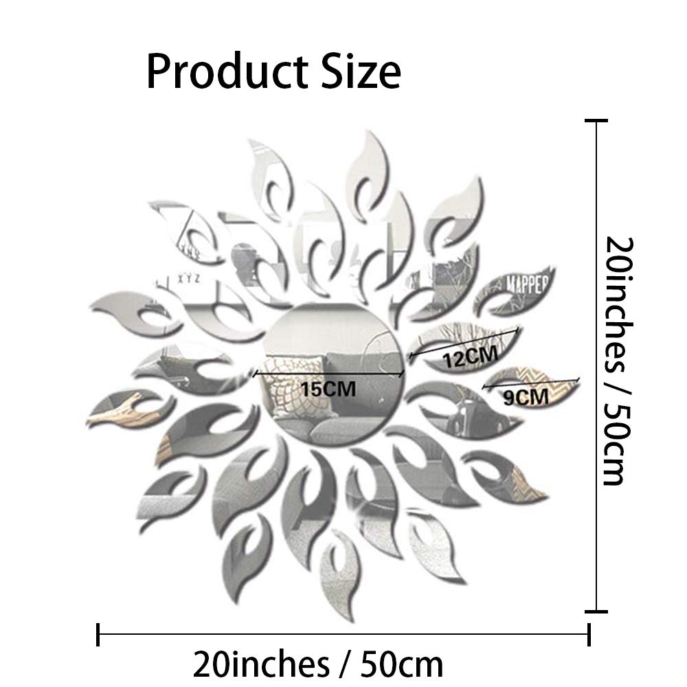 Sunflower Mirror Wall Stickers Decor, Round Acrylic DIY Self-Adhesive Wall Art Decals Miroir Mural Home Decorations for Living Room, Bedroom, TV Background Home Décor(Silver)