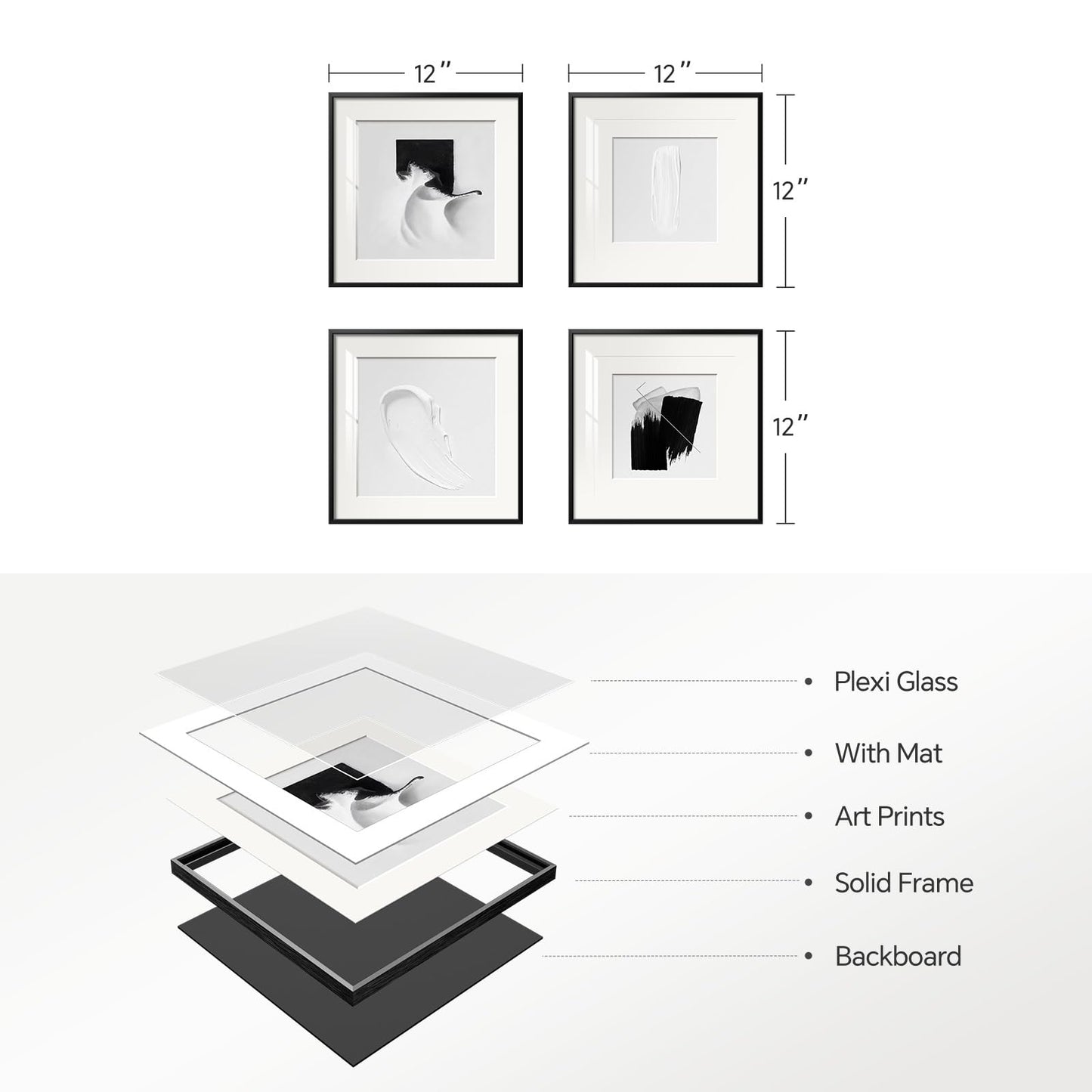 4 Panels Framed Abstract Black and White Wall Art Set, Modern Minimalist Line Print Home Decor, Canvas Pictures Paintings for Living Room Bedroom Bathroom Entryway and Dining Room 12x12 Inches
