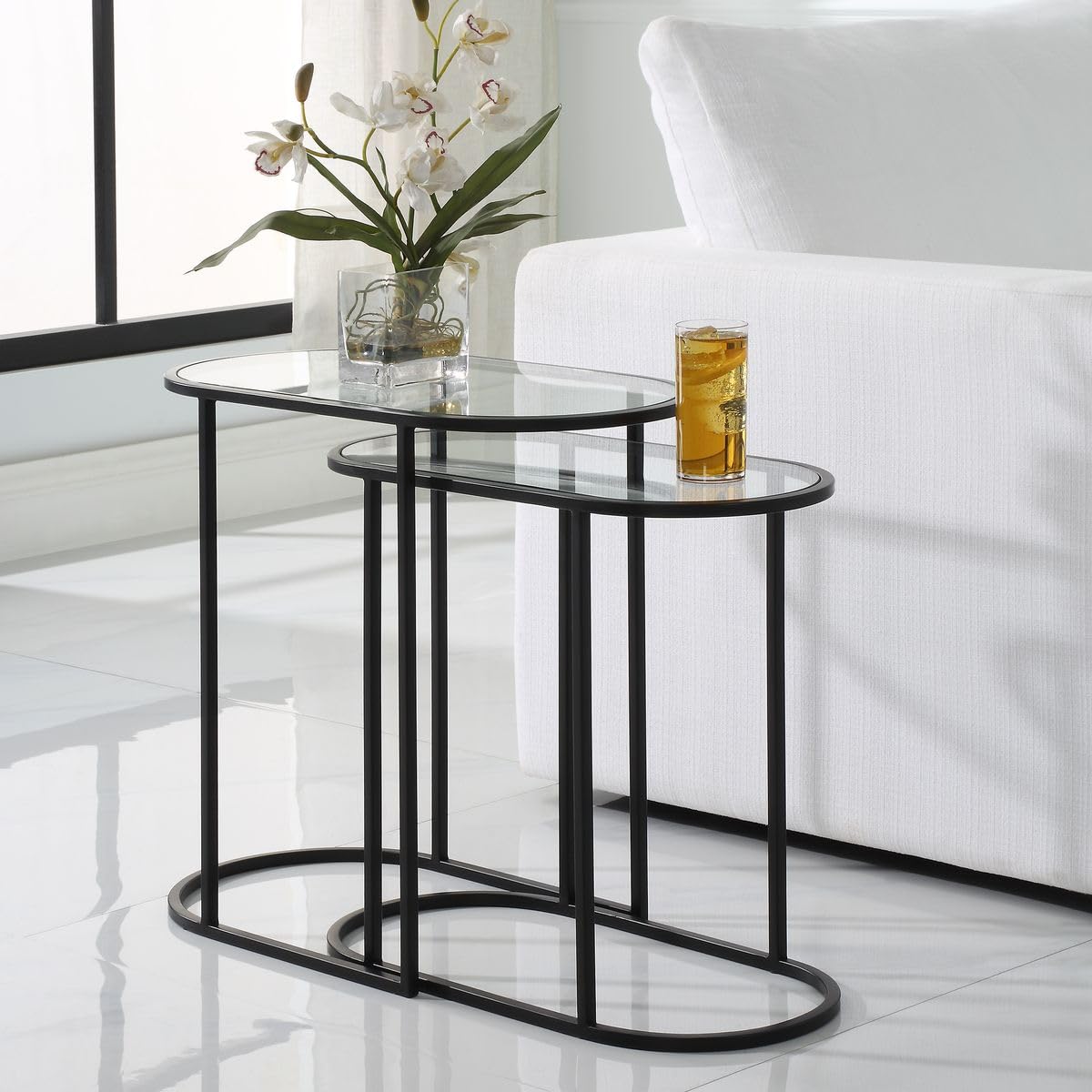 Haus Appeal Apricot Lane Nesting Tables (Set of 2) | Matte Black Finish | Iron/Glass Construction | Transitional Accent Furniture | Ideal for Living Rooms & Family Rooms | W23034