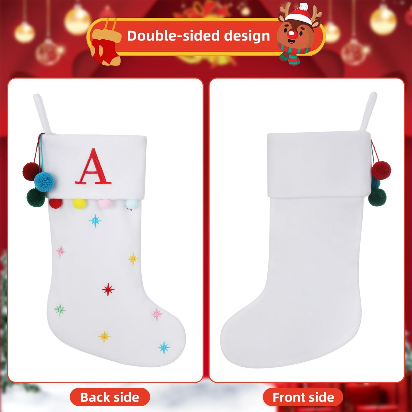 SIRIPHUM 19.5 Inches Initial Monogram White Christmas Stocking Personalized, Embroidered Letter Fleece Christmas Stocking with pom poms Decoration for Family Christmas Holiday Party Decor-E