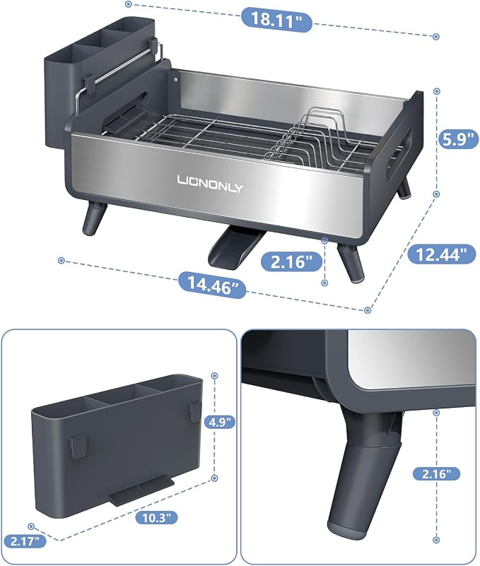 Dish Drying Rack with Drain Board, 304 Stainless Steel Core, Aluminum Rustproof Frame, Anti-Slip Elevated Feet, Removable Adjustable Spout, Utensil Holder, Gray
