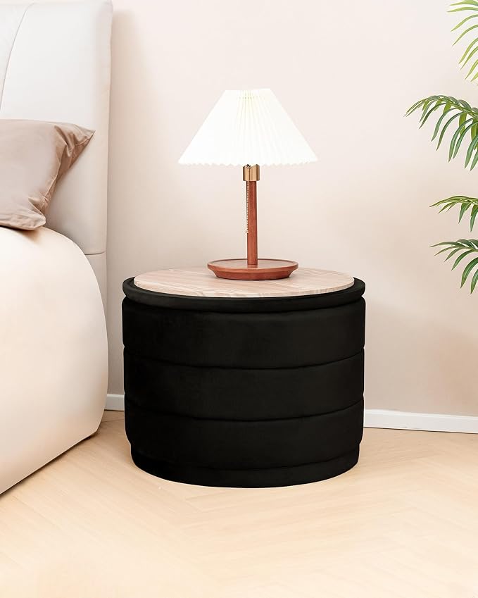 B FSOBEIIALEO Round Velvet Storage Ottoman with Tray, Folding Ottoman with Storage Coffee Table Foot Rest for Dorm Room, Living Room Black, 22.83"x22.83"x17.32"