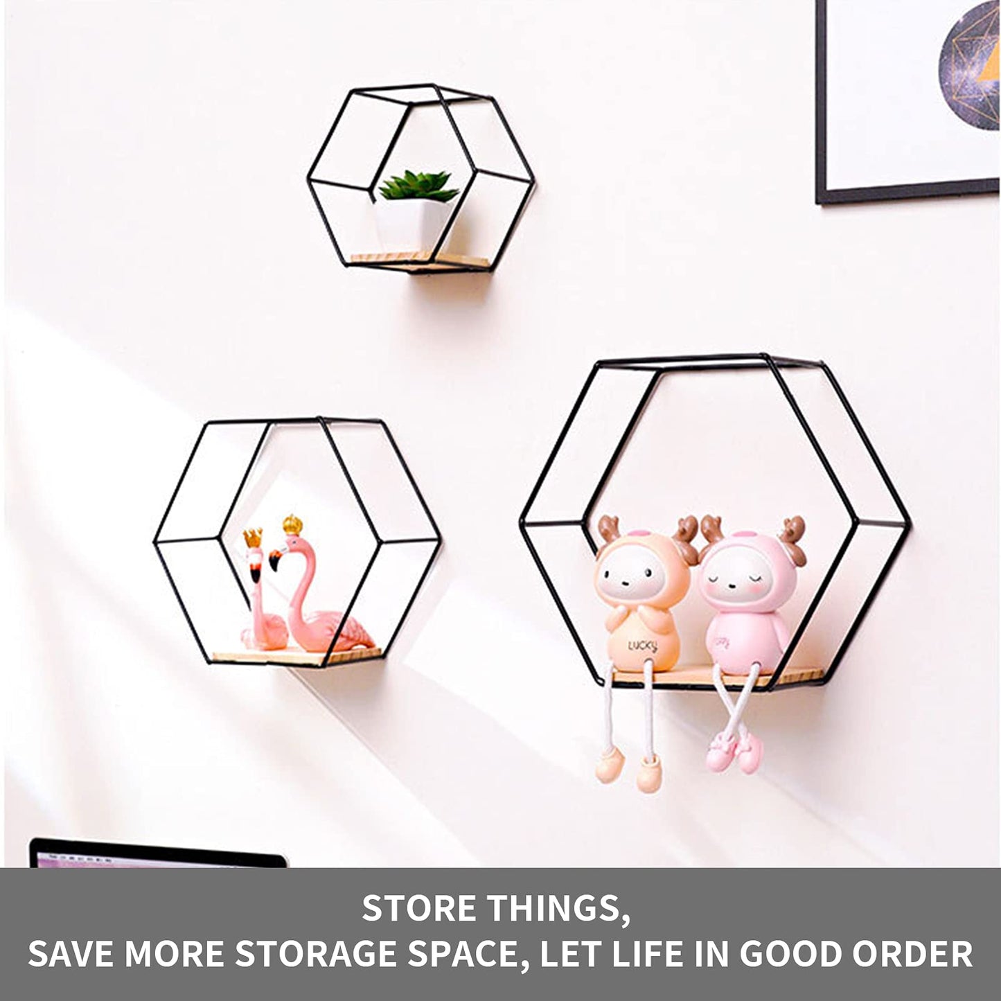 Wall Mounted Hexagonal Floating Shelves Black Set of 3 in Different Sizes, Modern Metal Wall Shelf, Simple Wood Partition Storage Shelves, Wall Decor Rack for Bedroom, Living Room, Kitchen and Office