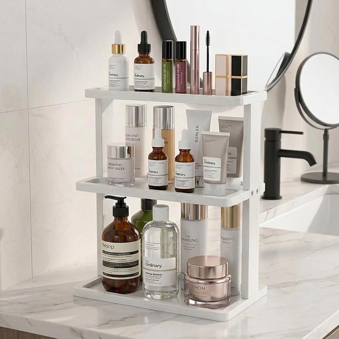 PEKER Bamboo Bathroom Organizer Countertop โ Vanity Storage Shelf for Makeup, Perfume, Skincare โ Natural Cosmetics Display Rack for Dresser, Sink, Kitchen โ White