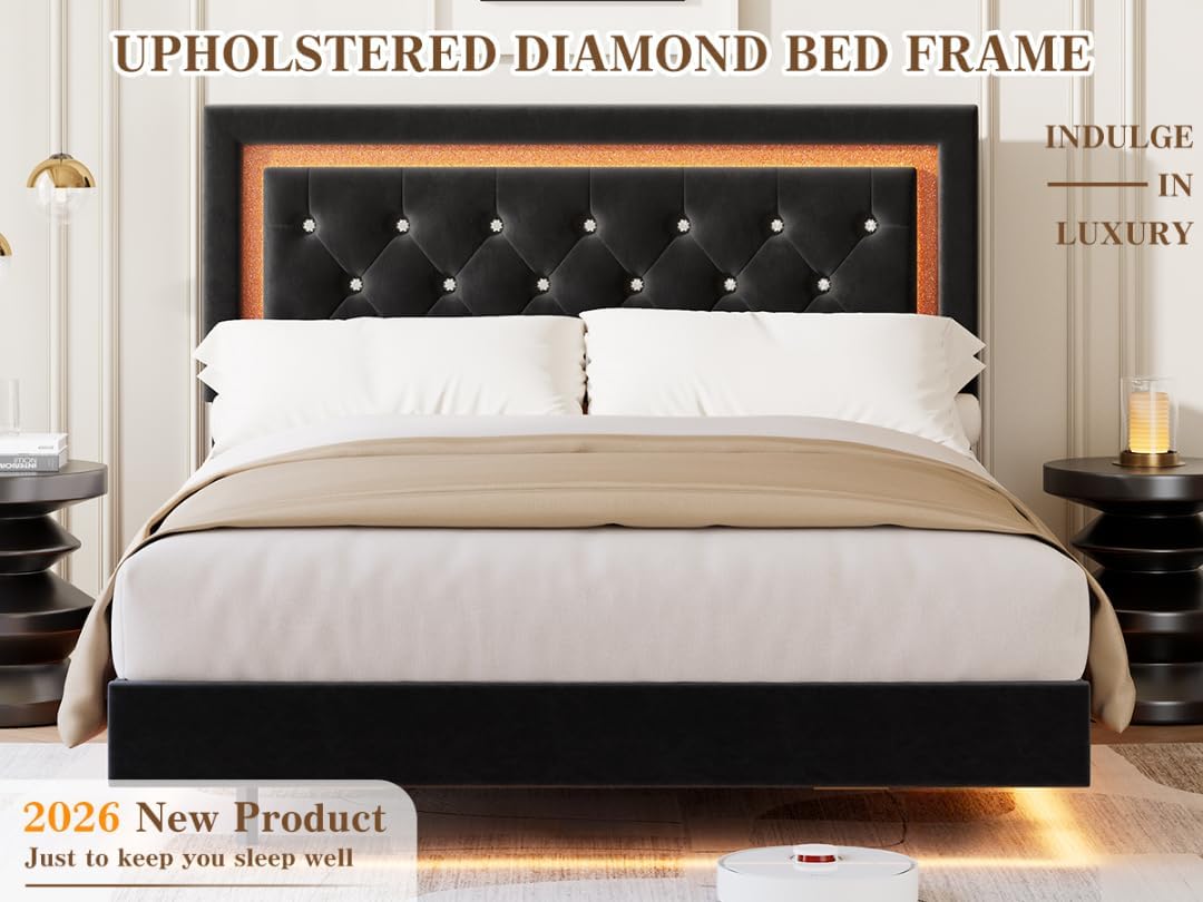 IDEALHOUSE Floating Queen Platform Bed Frame with Smart LED Lights – Modern Upholstered Diamond Headboard, Sturdy Wood Slats, Noise-Free, Easy Assembly, Sturdy Bedroom Furniture