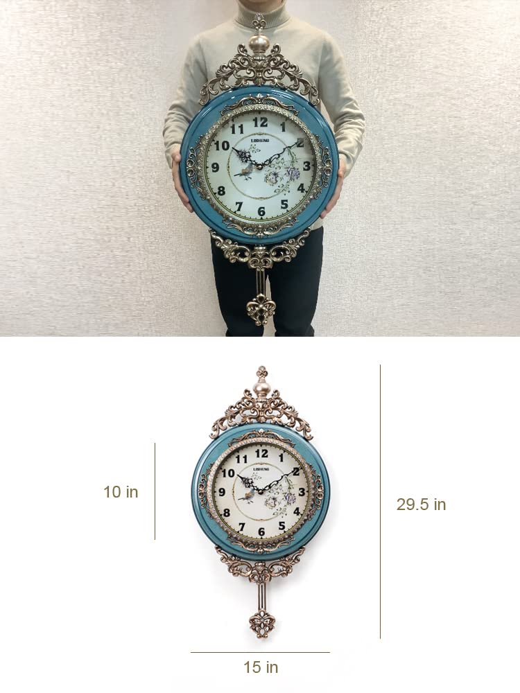 SHISEDECO Elegant, Traditional, Decorative, Hand Painted Modern Grandfather Wall Clock Fancy Ethnic Luxury Handmade Decoration, Swinging Pendulum for New Room or Office. Large. 29.5 Inch. (Blue)