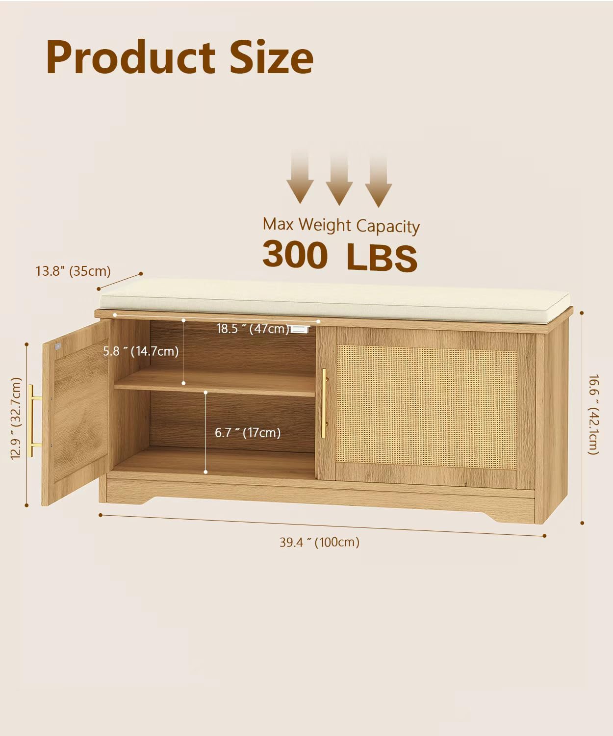 Zeibospri Rattan Shoe Storage Bench with Cushion, 39.4" Wide Entryway Bench with Adjustable Shelf, Hidden Shoe Organizer Cabinet, for Hallway, Living Room, Bedroom, Natural Oak