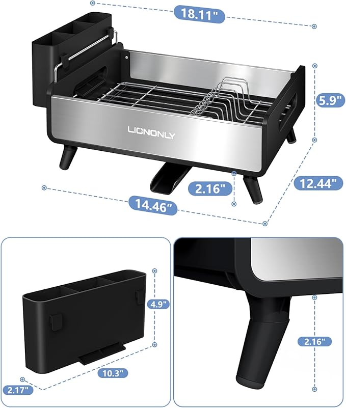 Dish Drying Rack, Thicker Premium Aluminum Frame and 304 Stainless Steel Plate Rack for Kitchen Counter, Automatic Drainage Spout, Dish Drainer & Drainboard Set with Utensil Holder, Black