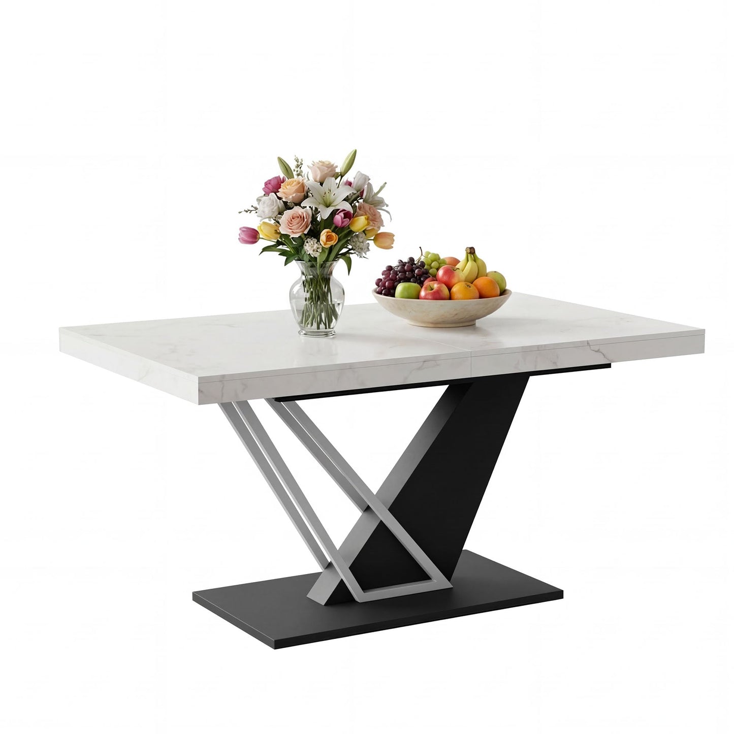 COSIEST 59'' to 78.7'' Extendable Dining Table for 4-8, Faux Marble Expandable Kitchen Table with Sturdy Metal Base, Rectangle Dinner Table for Small Space, Dining Room, Living Room, White