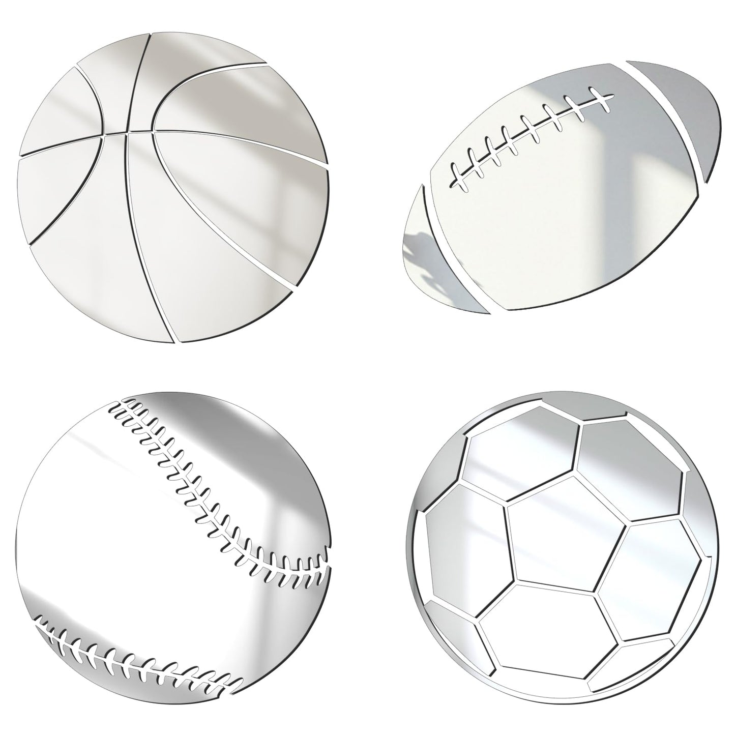 Kathfly 4 Pcs Sports Room Wall Mirror Decor Football Basketball Soccer Baseball Mirror Wall Decal Sticker for Sports Bedroom Nursery