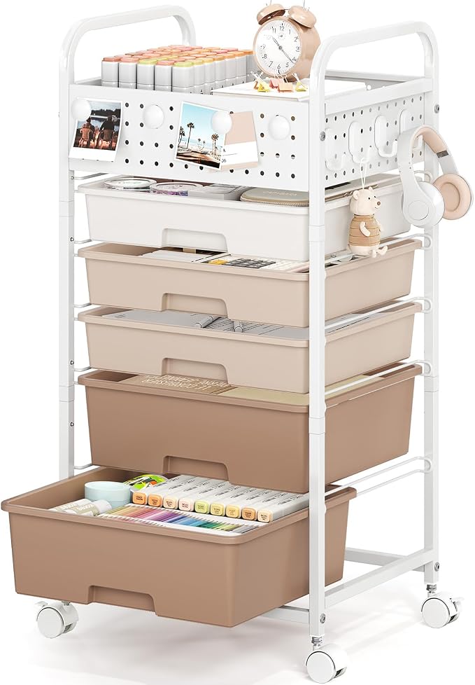5 Drawer Rolling Storage Cart with Pegboard Top and Hooks, Mobile Organizer Cart with Wheels for Office Supplies, Craft Storage, Classroom Organization, Home Utility Cart, Brown