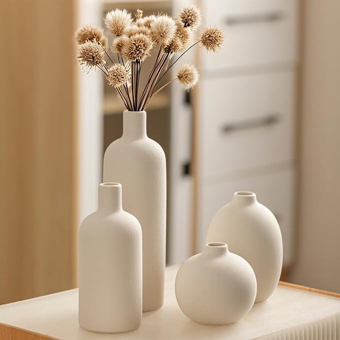 Modern Ceramic Vase Set, White Colors, Decorative Vases for Home Decor, 4 Piece Collection (White)