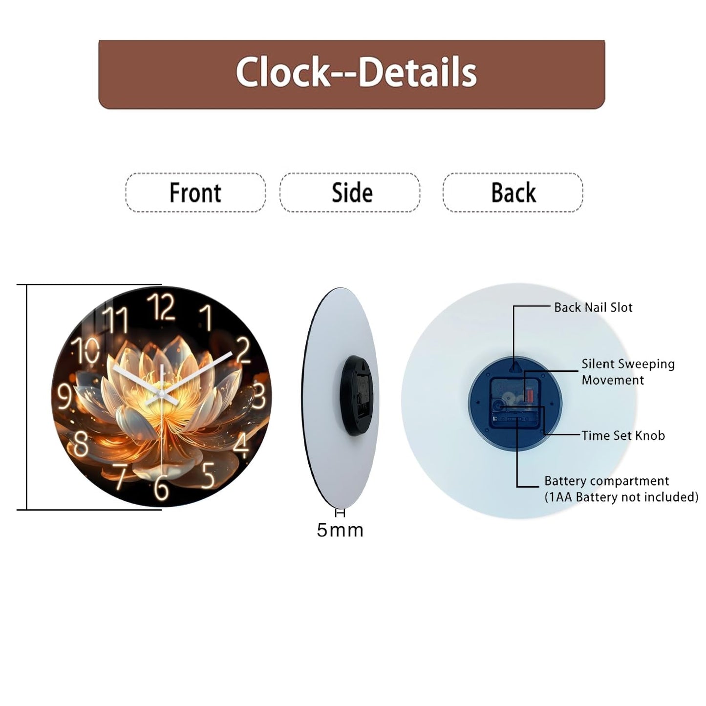 XFM Lotus Flower Wall Clock 16 inch Round Silent Wall Clocks Battery Operated Modern Floral Decorative Wall Clock for Bedroom Kitchen Living Room Bathroom