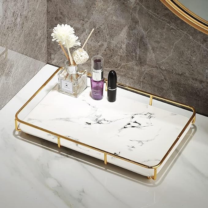 Dobbyby Vanity Tray Makeup Organizer Cosmetics Storage Bathroom Skincare Organizer Countertop Display Rack in Dresser Stainless Steel Shelf Marble Print Ceramic Trays