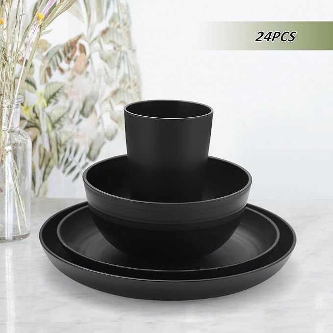 24 Piece Wheat Straw Dinnerware Sets of 6, Kitchen Plates and Bowls Sets, Unbreakable Plastic Dish Set for Camping, Dishwasher Microwave Safe, Kitchen and Dinning Essentials, Black