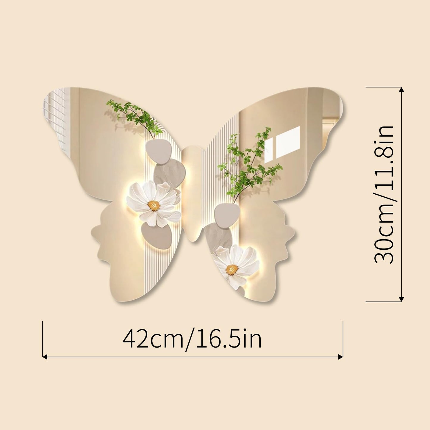 Tumecos Shatterproof Scratch Resistant Acrylic Mirror for Wall Decor, Butterfly Mirror Decoration for Bathroom, Entrance, Living Room, Bedroom, and Kid's Room, Frameless,No-Punch,Easy to Install