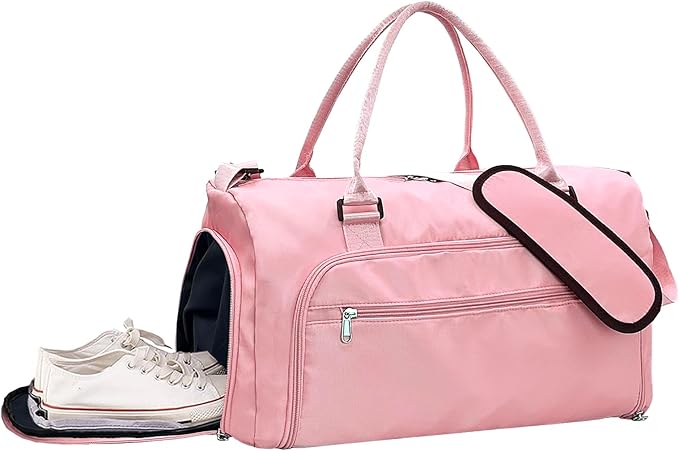 woogwin Gym Bag for Men & Women with Shoes & Wet Compartment Waterproof Duffle Bag for Travel Sports Workout Overnight Weekender(21",Pink)