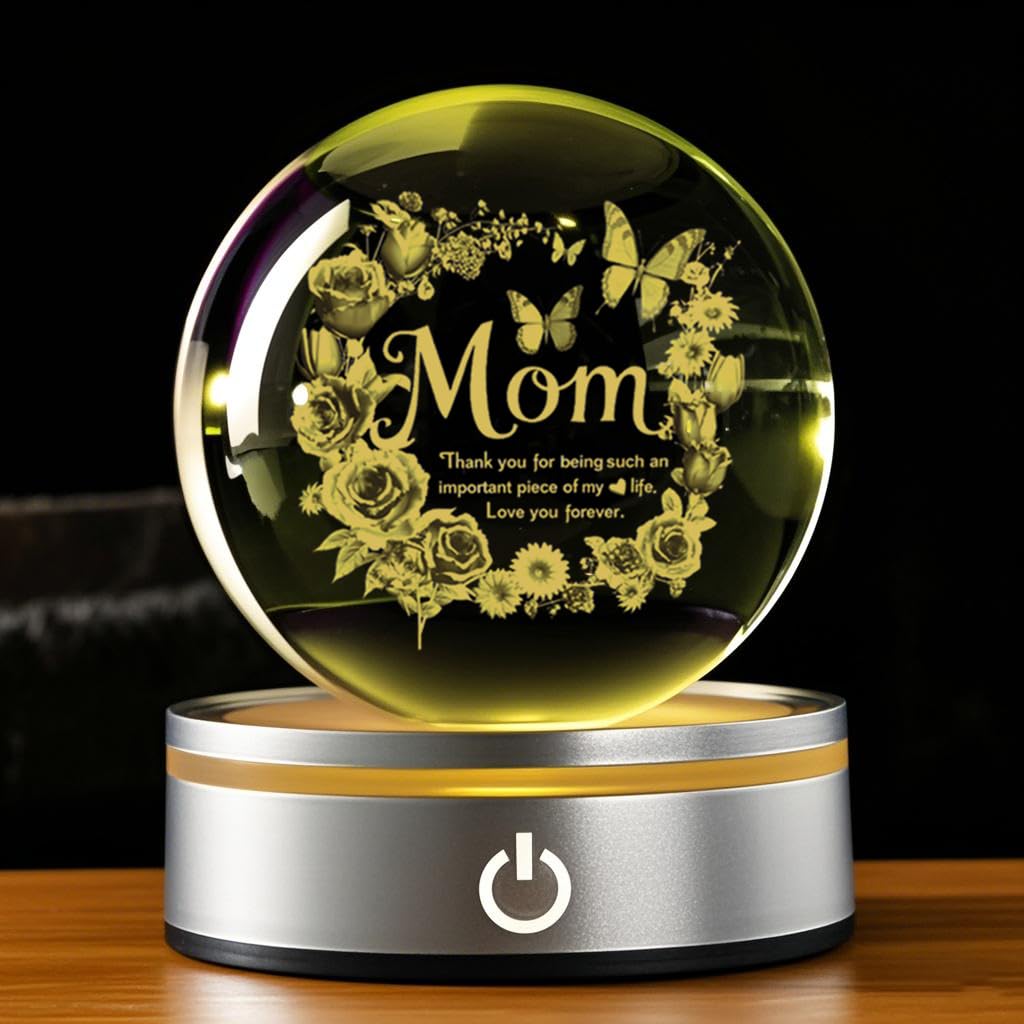 YouerCrystal Mom 3D Crystal Ball Gifts for Mum Birthday Gift from Son, Daughter - Fun Christmas, Mothers Day, Retirement Gift Dutterfly Decorations for Mom 80MM