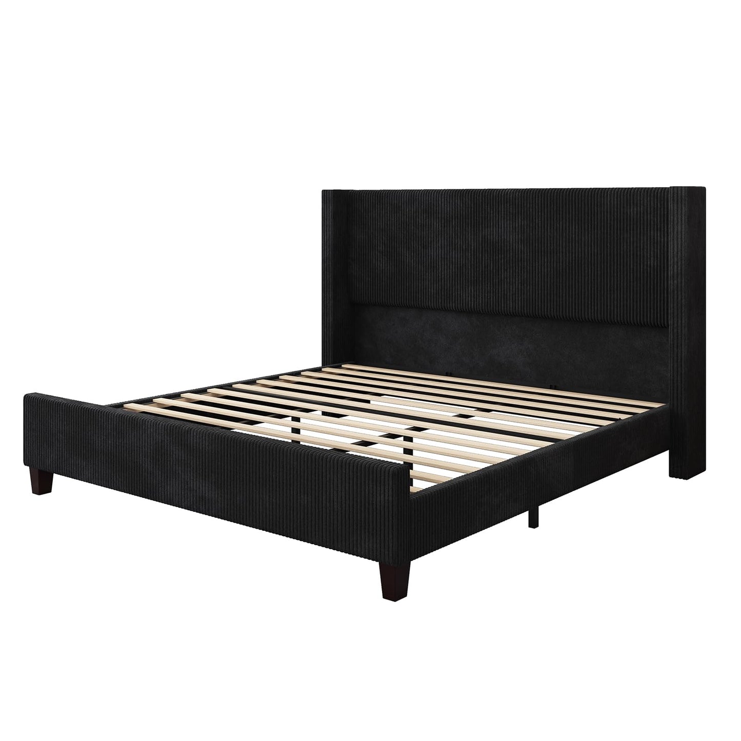 HOWE California King Bed Frame with 50.8" Tall Wingback Headboard, Modern Corduroy Upholstered Platform Bed Frame with Solid Wood Slats & Legs, No Box Spring Needed, Noise-Reducing Design, Black