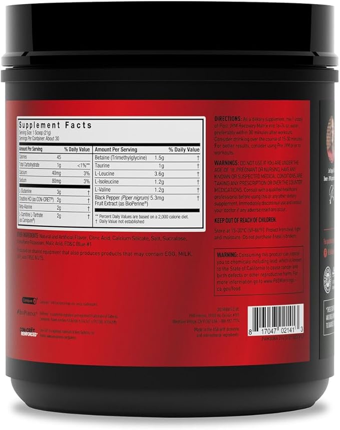 JYM Supplement Science Post JYM Active Matrix Blue Artic Freeze Amino Recovery Powder Pure Creatine HCL, BCAA?™s, Glutamine, Carnitine, Betaine, Taurine for Strength, Repair, Performance 30 Servings