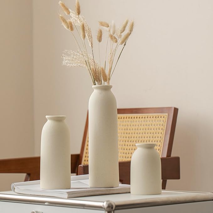 10.4 inches Tall Decorative Ceramic Vase Set, 3 Pieces, Nordic Modern Boho Style, White, for Home Decor (Beige)