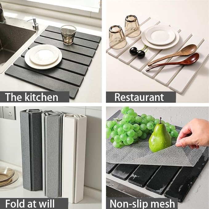 Large Stone Dish Drying Mat for Kitchen Counter,Equipped Dish Rack, Diatomaceous Earth Material, Foldable and Super Absorbent Dish Drying Pad Suitable for Tableware, Bottles and Cup (White, 24×16 IN)