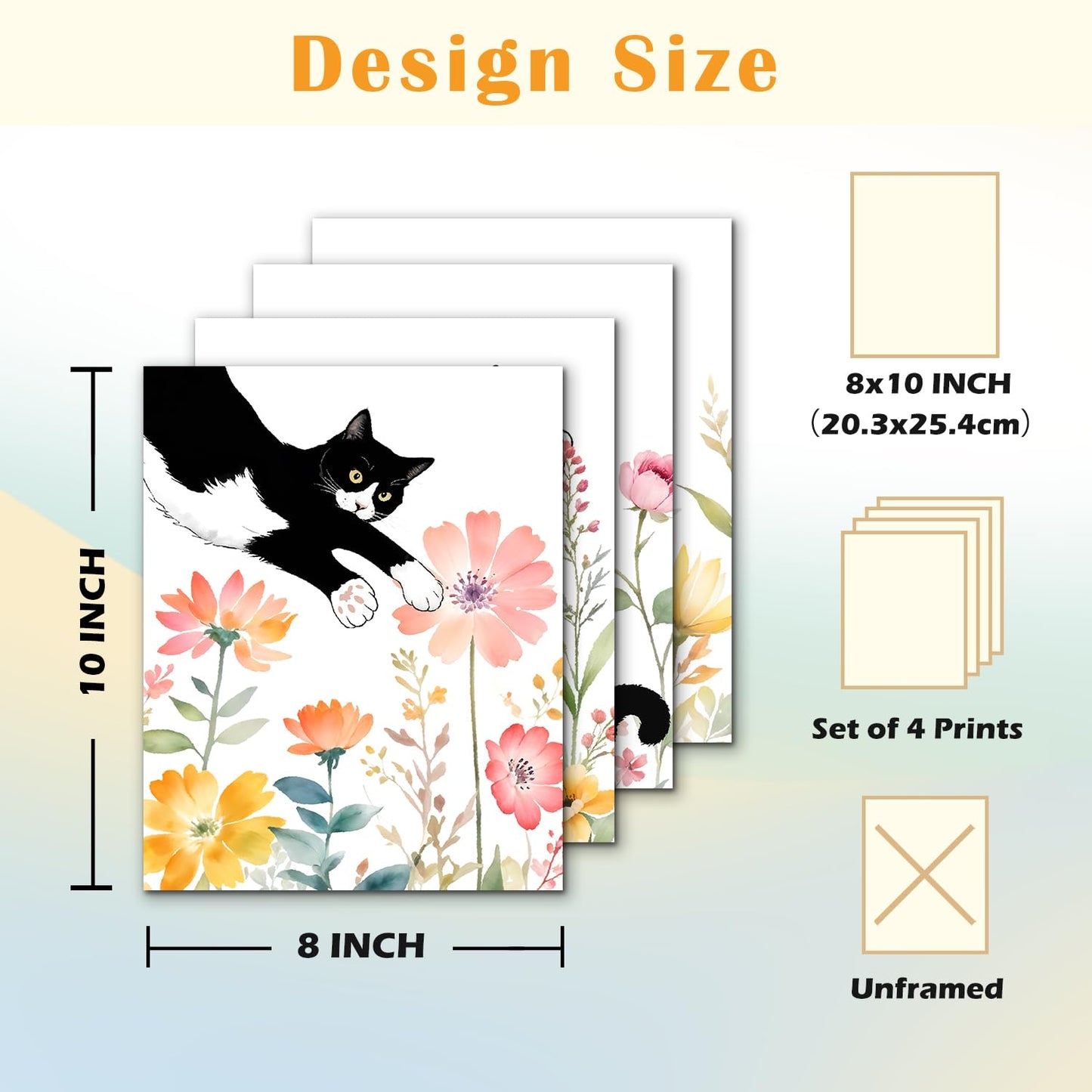 JINYO Wildflower Black and White Cat Wall Art Prints Set of 4, Black Cat Room Home Decor, Funny Cute Tuxedo Kitty Kitten Floral Botanical Posters Pictures Wall Decor, 8x10 Unframed