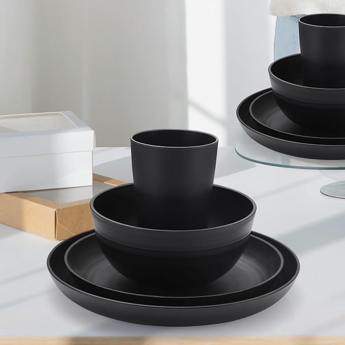 32-Piece Kitchen Plastic Wheat Straw Dinnerware Sets, Service for 8, Unbreakable Modern Dish Set - Dinner Plate/Dessert Plates/Cereal Bowl/Cup, for Apartment Essentials, Outdoor Camping,Black