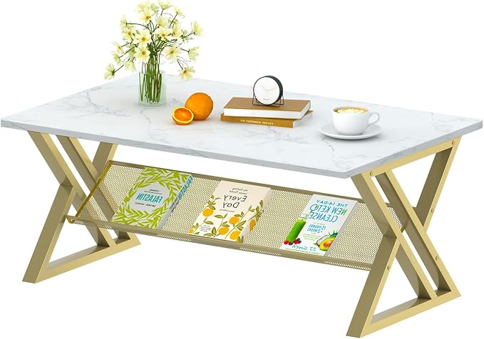 Wolawu Coffee Table Living Room Table with Storage Shelf, White Table Simple Modern Faux Marble Rectangular Tables with Sturdy Gold Metal Frame,Industrial Wooden Coffee Table for Bedroom Home Office