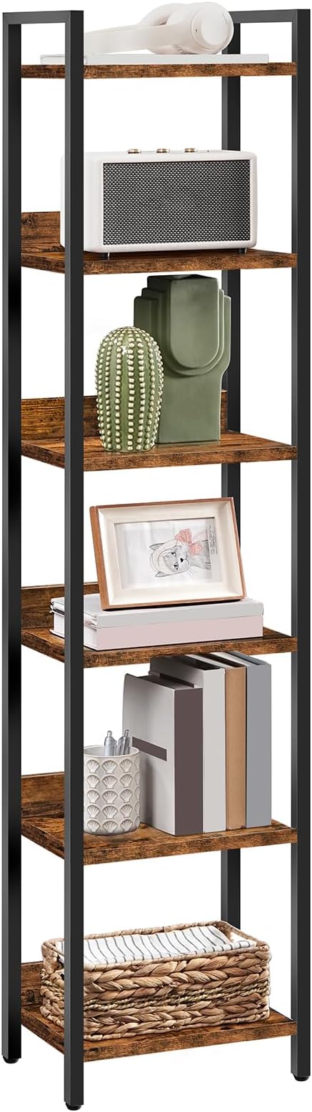 MAHANCRIS Bookshelf, 6-Tier Bookcase, Standing Book Shelf for Small Space, Storage Shelf Organizer, for Living Room, Bedroom, Study, Balcony, Rustic Brown and Black BKHR6601