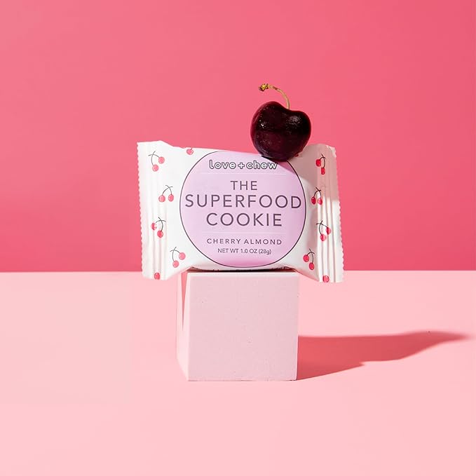 Love + Chew Soft Baked Protein Cookies, Gluten Free | (18) Count Cherry Almond Minis | Vegan, Paleo, Non GMO and Packed with Superfoods. - Individually Wrapped, and Made from High Protein Almonds - (1) Ounce Cookies