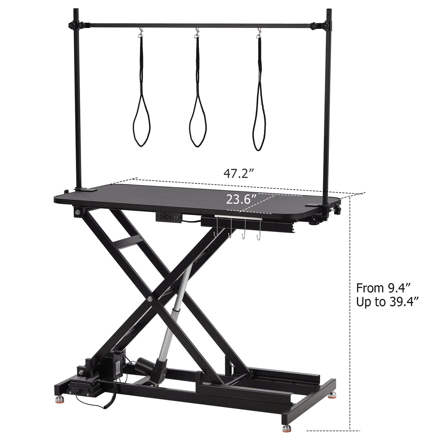 PioneerWorks Electric Dog Grooming Table, Height Adjustable (9.4"-39.4") Pet Grooming Table with Leveling Wheels, X-Lift, Anti-Slip Tabletop, 47" Heavy Duty Dog Grooming Station, Black