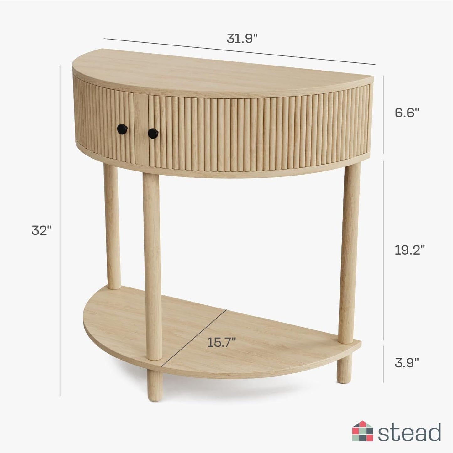 Stead Fluted Half Moon Shaped Console Table, Small Entry Desk, Living Room Furniture, Modern Home Decor, Solid Wood Entryway Table with Two Doors and Black Knobs (Natural Oak)