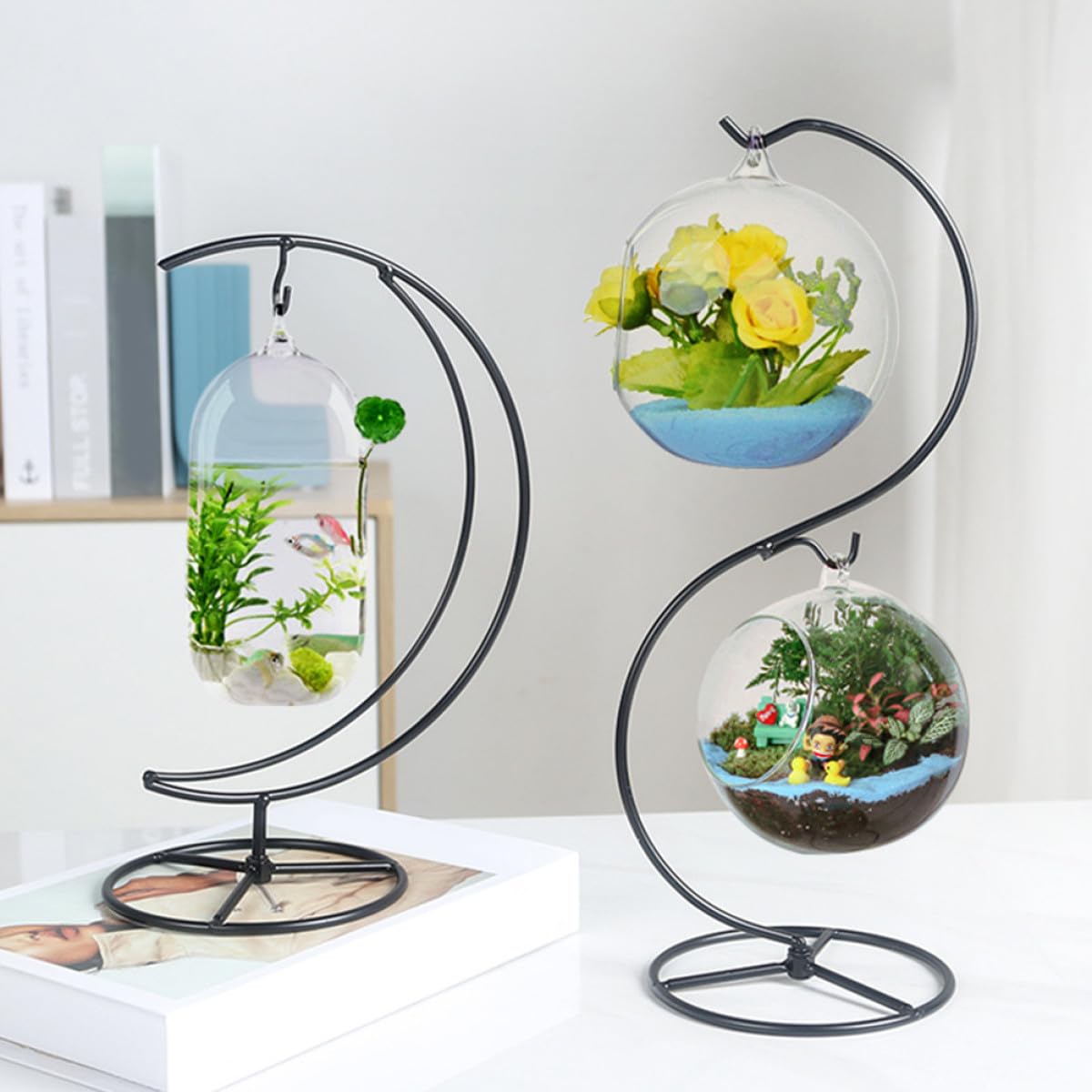 EPIGEIST Moon-shaped Iron Ornament Display Stand for Hanging Terrariums and Plant Pots Compact Desktop Decor Holder with Pendulum Style Contemporary Transparent Globe Display for Home