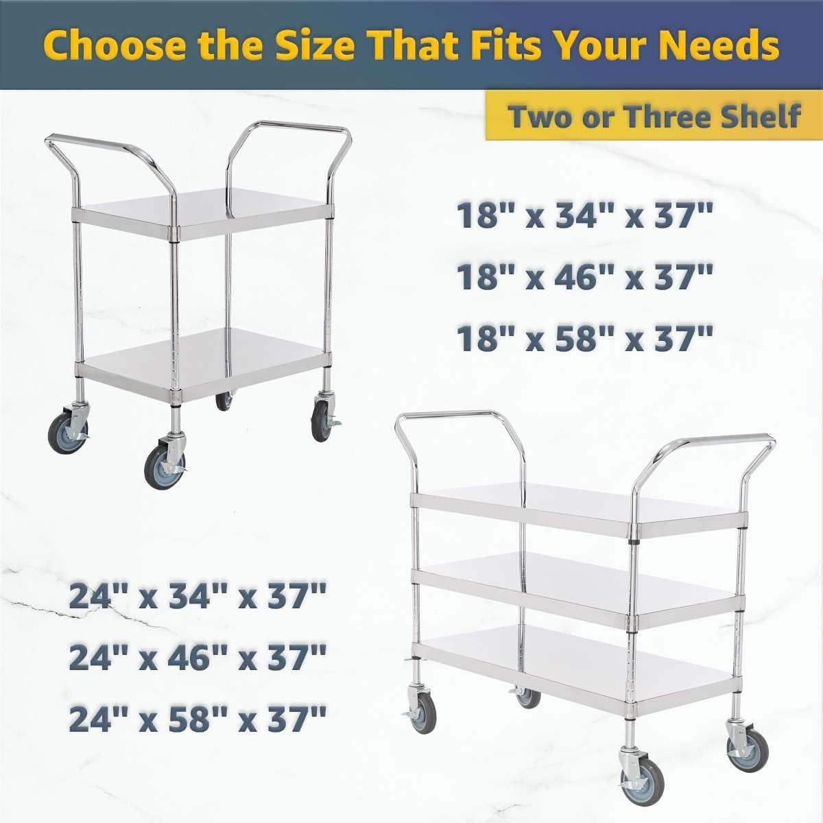 18" x 46" x 37" Stainless Steel Two Shelf Utility Cart - Commercial Heavy-Duty NSF Service Cart with Handles, Storage Rolling Shelving for Warehouse, Office, Food Service