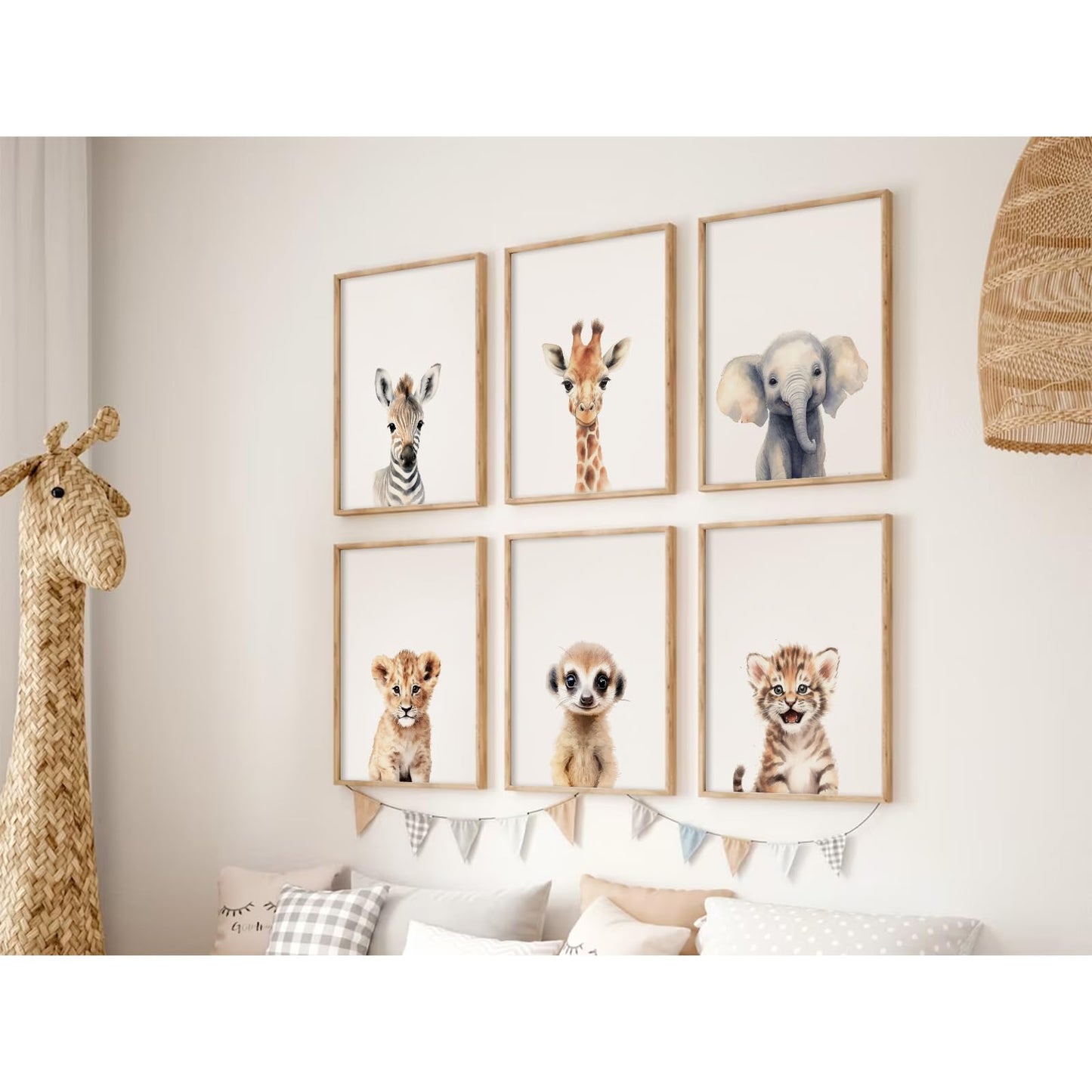 Safari Nursery Wall Art Decor Set of 6 Baby Animal Wall Art Kids Canvas Wall Art Safari Nursery Pictures Jungle Animal Prints Baby Boy Art Giraffe Painting for Room Bedroom 12x16 Inch Unframed