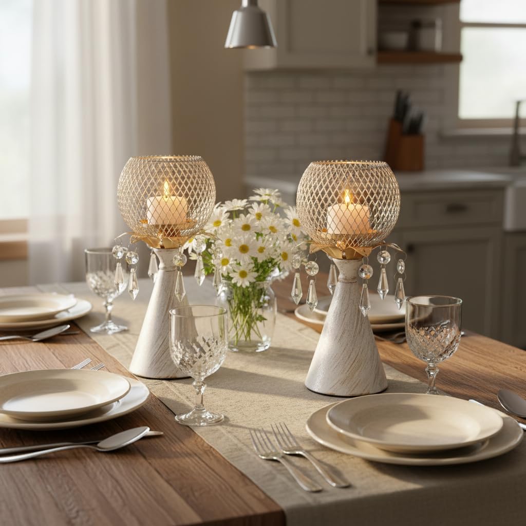 CAUWSAI White Gold Metal Mesh Candle Holder with Crystal Pendants, 9.0" Decorative Pedestal Design, Diamond Globe Top, Matte Finish, Candlestick for Home and Holiday Decor & Valentine's Day
