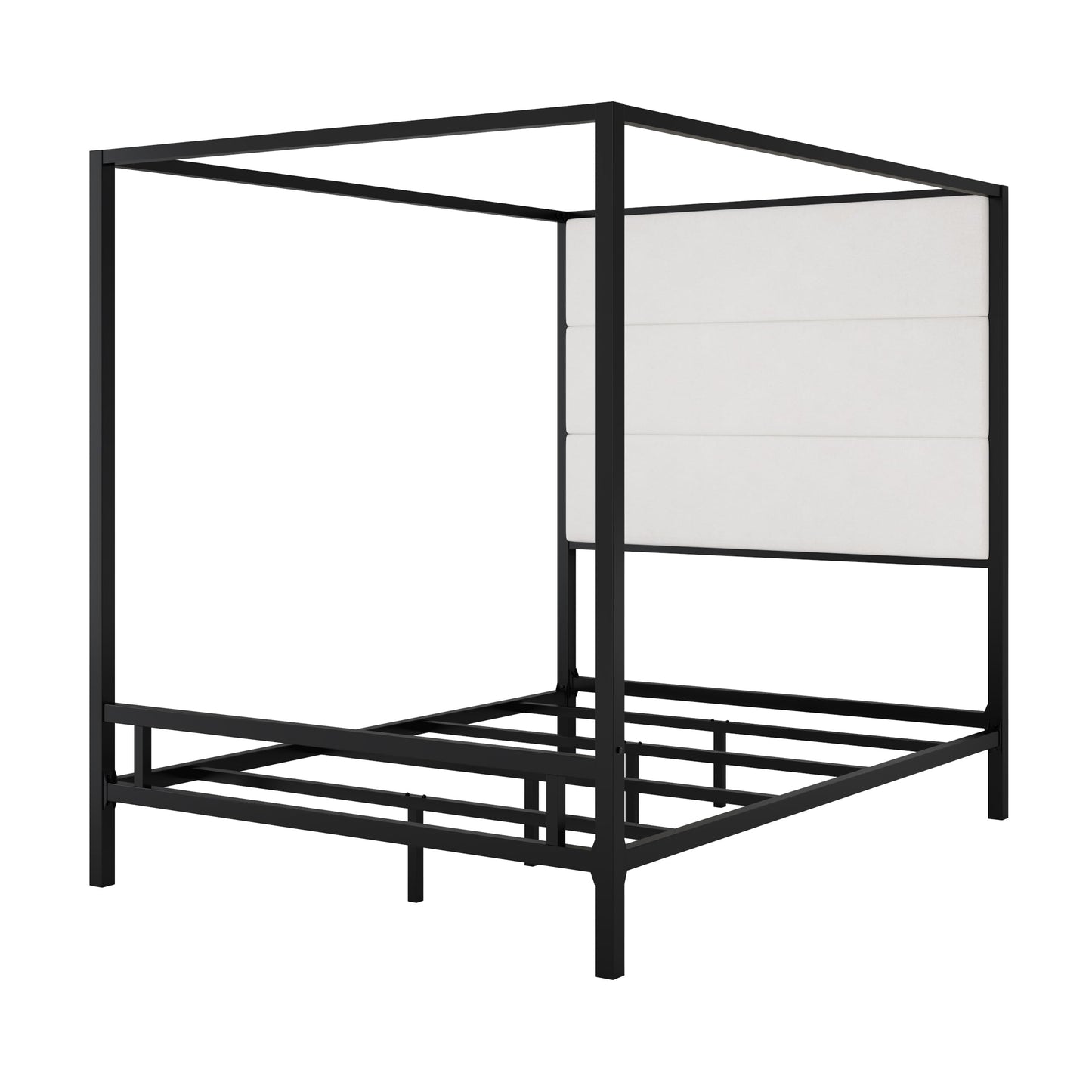 Merax Queen Size Metal Canopy Bed Frame, Modern Tall Upholstered Velvet Headboard, Black 4-Poster Bed with 800 lbs Capacity, Box Spring Required Easy Assembly for Bedroom, Black+White